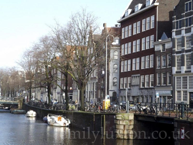 canal in amsterdam on a winters day with some bare trees lining the canal and a row of tall terraced townhouses with gabled roofs