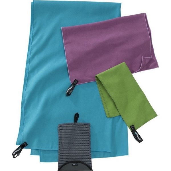 flatlay of 4 different colour towles on a white background, the largest is blue and there are grey, green and purple travel towels folder on top