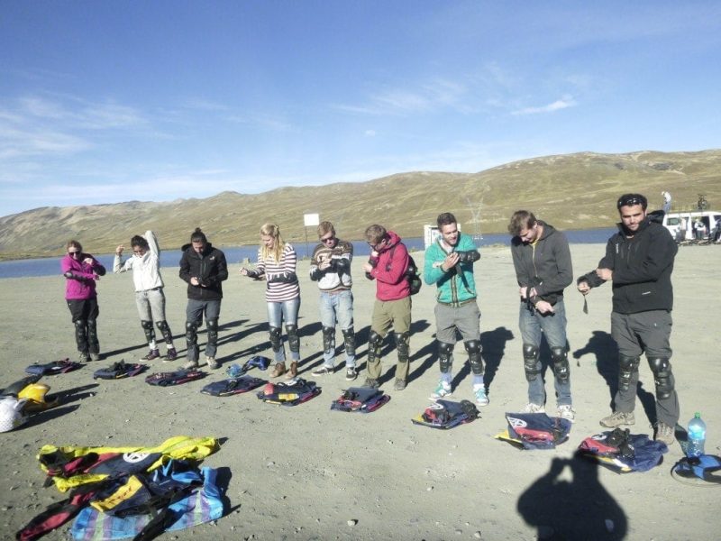 tour group putting on bike gear