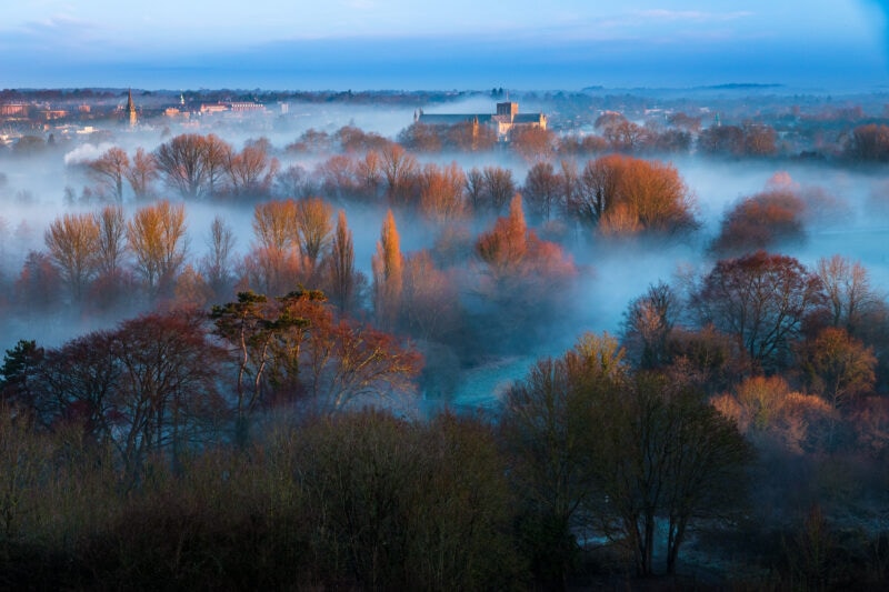 view from high up of a woodland filled with fog with winchester city behind and the cathedral towers visible through the trees