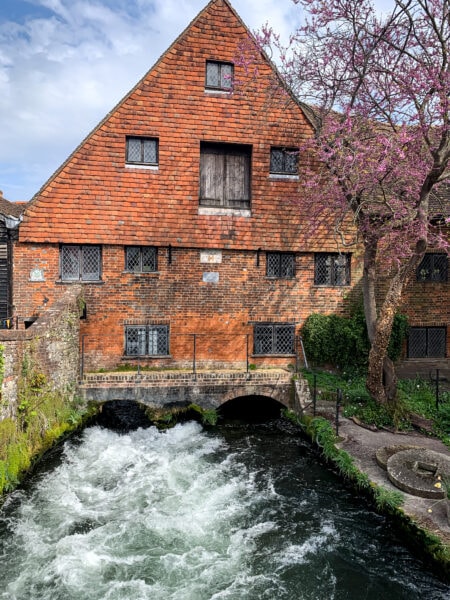 large red brick building above a rushing river next to a tree covered with pink spring blossom