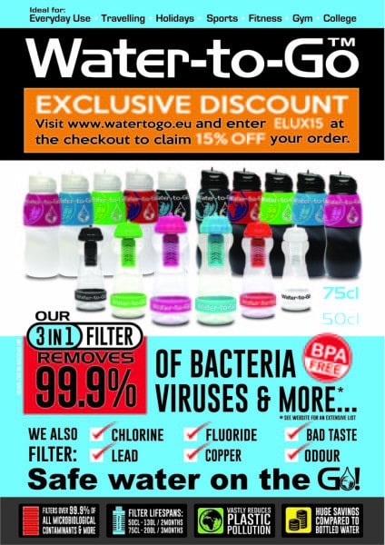 Infographic above the Water-t-Go water bottle with an Exclusive Discount code for 15% off - the code is ELUX15. The text confirms that the 3 in 1 filter removes the following: Chloring, Lead, Flouride, Copper, Bad Taste, Odour, and 99.9% of Bacteria viruses and more.