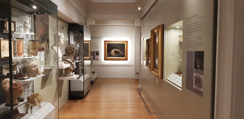 Large hall inside the History of Surgery Museum with laminated floor and white walls, there are glass display cases to the left and right with models of human body parts. 