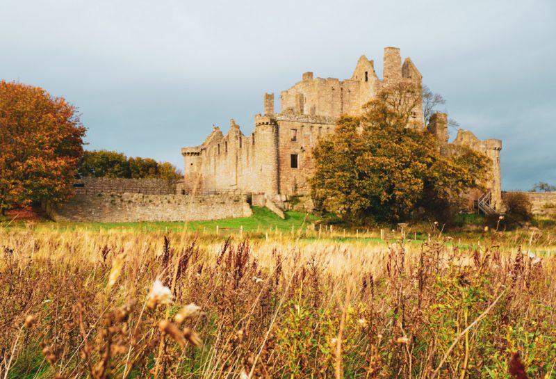 Exterior of Craigmillar Castle, a partly ruined stone castle in Scotland surrounded by autumnal trees and a field of yellow long grass