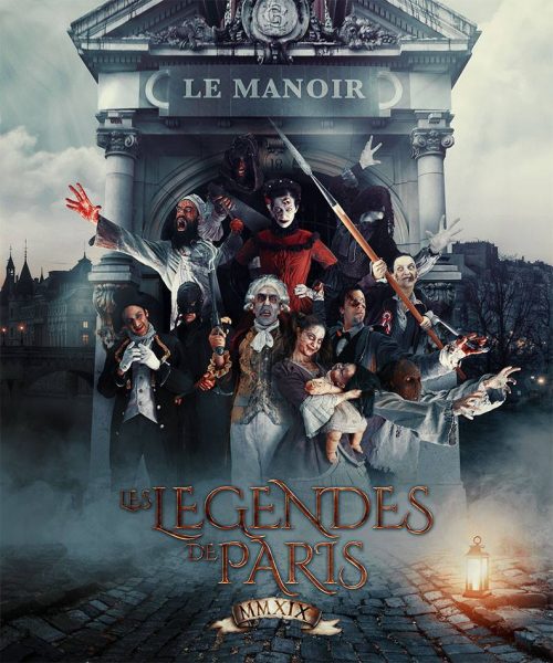 Poster for Le Manoir with a picture of a grey stone burial vault with several people in costime as ghosts in different kinds of historical dress in front,=, most of them stretching out their hands, one is holding up an old pistol and another is wielding a wooden spear with a metal point. The title in gold letters reads "Les Legendes de Paris". Unusual things to do in Paris