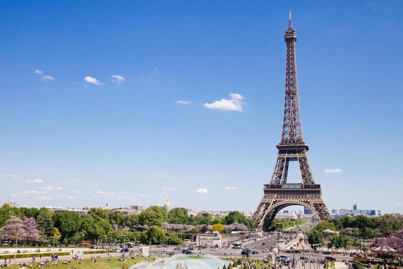 Shot of the Eiffel Tower on a sunny day, taken from a level with the tower so that the grey metal structure is seen against the blue sky with the horizon very low. there is a park around the tower and the skyline of Paris visible behind the trees. Unusual Things to do in Paris to get off the beaten path