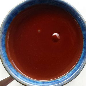 flatlay shot of thick hot chocolate in a mug