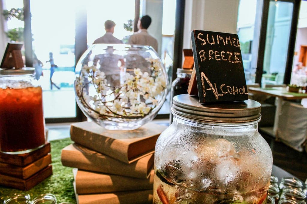 close up of some decorations and a glass jar of punch at a brunch in dubai