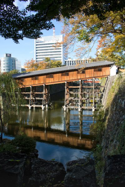A traditional wooden bridge with a covered structure spans a river, reflecting in the water below. Surrounded by autumn foliage and modern buildings, the scene contrasts historical and contemporary elements, blending nature and urban architecture harmoniously. Wakayama City Travel Guide.