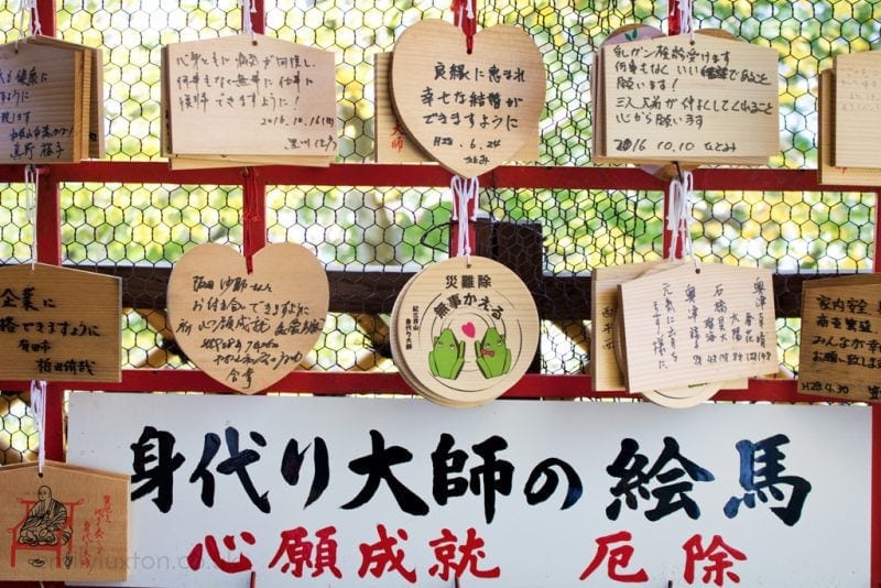 A collection of wooden ema plaques used in Japanese Shinto and Buddhist traditions for writing prayers or wishes. Various shaped plaques, including heart-shaped and round, hang at a shrine with handwritten Japanese messages. Below, a larger sign in Japanese text reads "身代り大師の絵馬 心願成就 厄除."