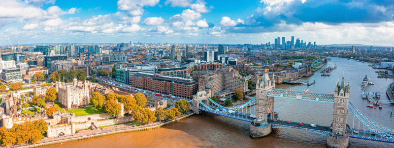 Aerial panoramic cityscape view of the London Tower Bridge and the River Thames, England, United Kingdom. Beautiful Tower bridge in London.