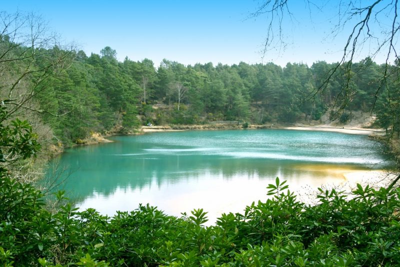 Large circular lake with very bright turquoise water surrounded by trees at Blue Pool in Dorset