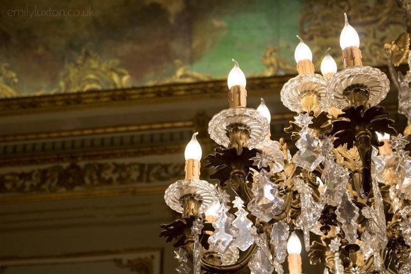 Close up of an ornate glass chandelier 