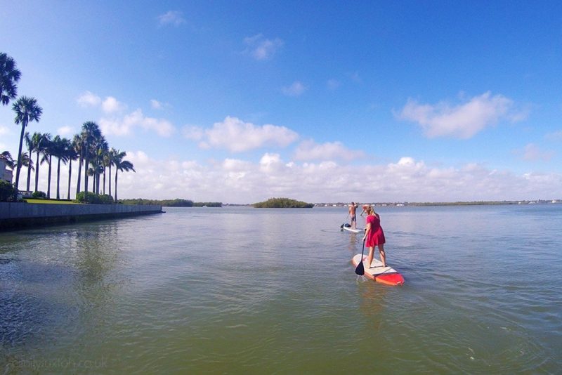 Emily is wearing a pink cotton dress and standing on a red and white paddleboard on a very calm blue sea. in the distance in front of her is a topless man on another paddleboard and to the left is the land with a line of palm trees. off the coast of hutchinson island in martin county florida, 