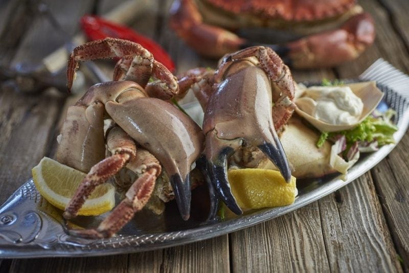 Close up of a cooked crab with large claws on a metal plate with slices of lemon on a wooden table - the best seafood in dorset