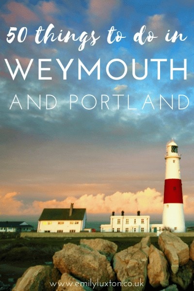 Photo of Portland Bill lighthouse at sunset, a tall white lighthouse with a red stripe around the middle, next to some small white cottages. The text over the image reads: 50 things to do in Weymouth and Portland. 