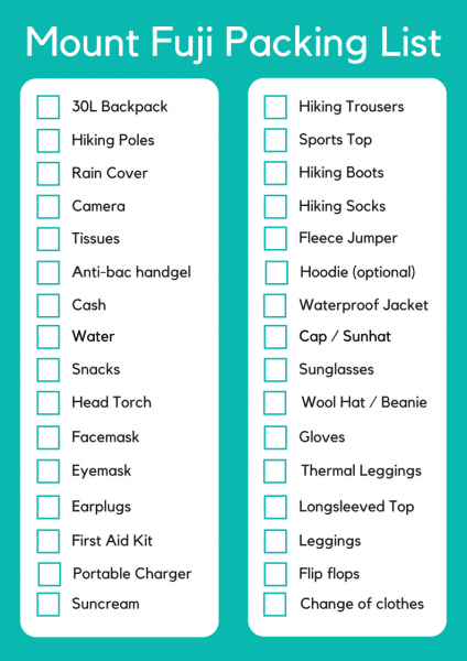 Mount Fuji Packing List