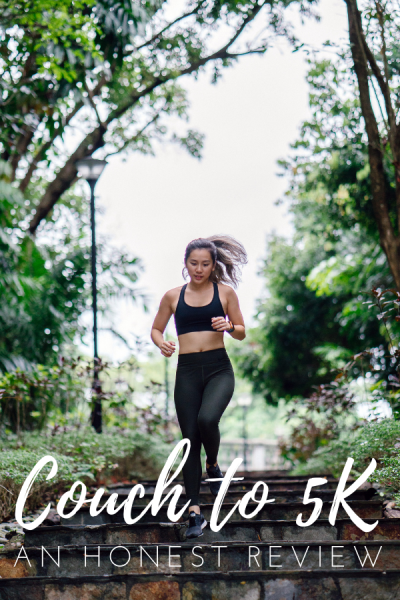 Poster style image with a photo of a young asian woman in yoga pants and a cropped black sports vest running down stone steps outdoors between green foliage. The title printed across the bottom reads: Couch to 5K An Honest Review