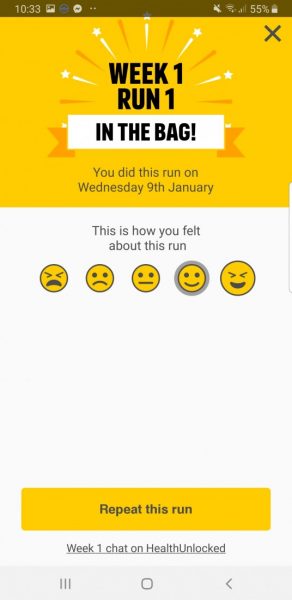 Screenshot of the Couch to 5K app - week one completed! 