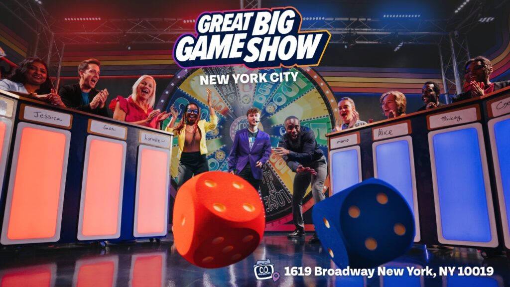 Poster with gameshow contestants rolling giant dice in front of a spinning wheel