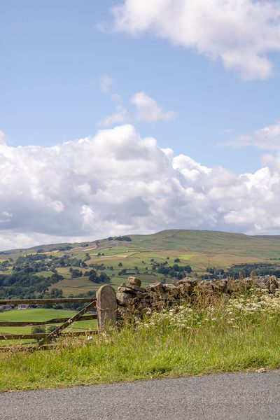 Gate in a stone wall next to a road with wildflowers in front of the wall and a view of hilly, green English countryside beyond