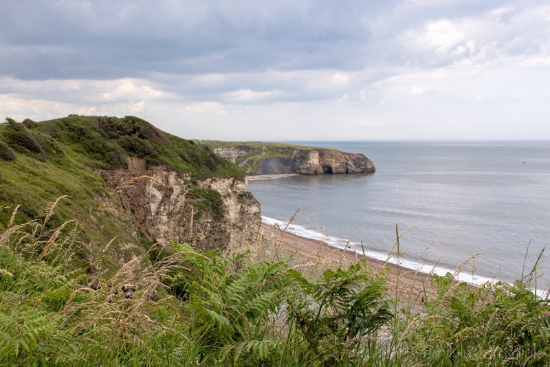 View of Nose's Point in Seaham with long greass in the foreground and a shingle beach below with the grey rocky headland on the far side of the bay on the Durham Heritage Coast