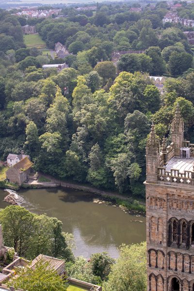 View from Cathedral Tower looking down at a river with part of the cathedral visible in the foreground