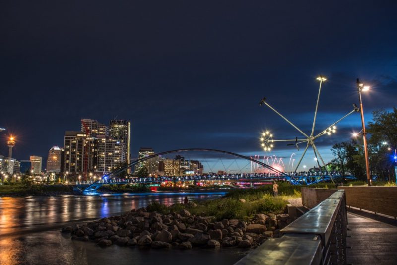 bloom sculpture calgary lit up at night