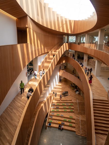 Interconnecting wooden staircase inside Calgary library