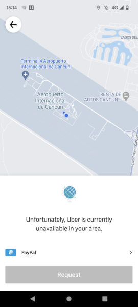 screenshot showing a grey map and the text "unfortunately uber is not currently available in your area"