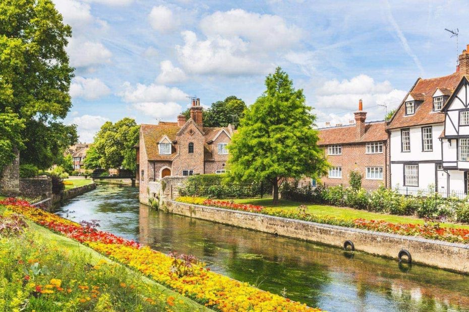 river stour in canterbury with very calm slow moving water in the river. the bank nearest the camera is covered in grass and red and yellow flowers. the far bank has some historic houses on with a red brick building close to the river.
