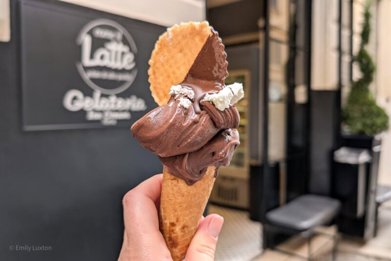 hand holding an ice cream cone with a scoop of chocolate and a circular wafer biscuit