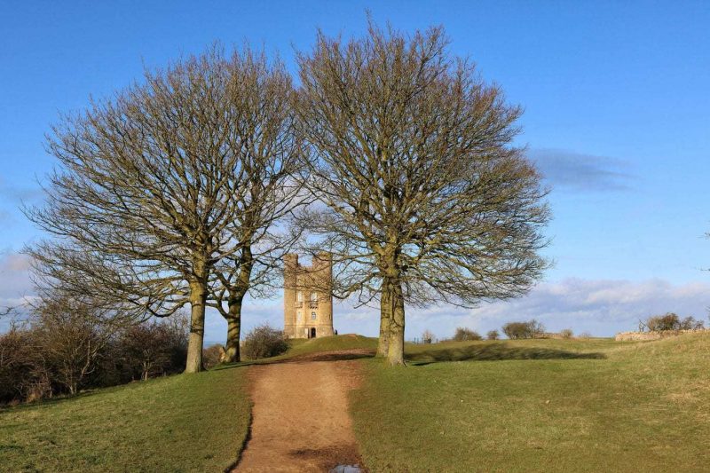 a path between two bare trees with a stone tower behind with an empty blue sky - cotswolds driving itinerary 