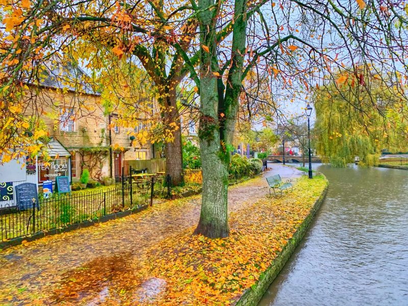 Stone path next to the river in Bourton on the Water Cotswolds. The path is covered with orange leaves that have fallen from the trees above which are nearly bare. 