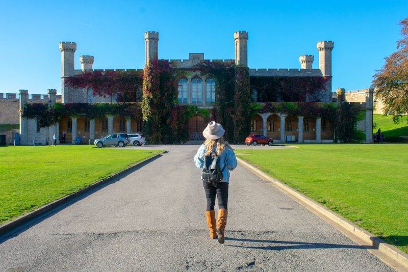 a blonde lady wearing a blue shirt, dark blue jeans, and knee high light brown boots with a black leather backpack and a felt hat on walking towards a large stone castle with several turrets. the facade is covered in green and red ivy and the sky is blue. 