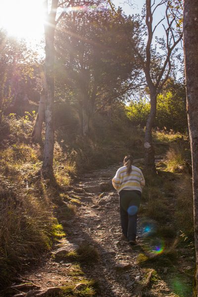 Emily wearing black walking trousers and a yellow and white striped wooly jumper with her blonde hair in a ponytail walking uphill on a dirt path between trees with autumn leaves with the low nearly setting sun flaring through the branches. 