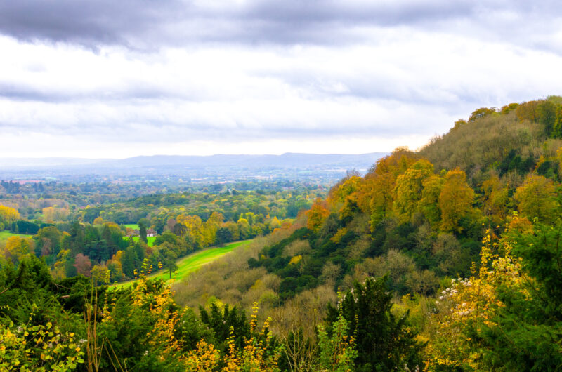Landscape with a hill covered in trees at autumn and rolling green valleys beyond