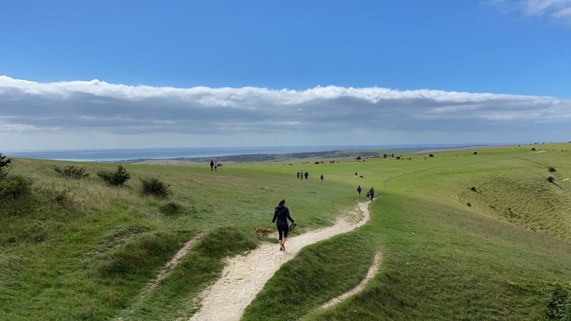 A woman with brown hair wearing a black raincoat and black trousers walking alond a gravel path on the South Downs Way in England during Autumn. She is holding a small light brown dog on a lead. The path is at the top of a grassy ridge in the South Downs with a flat grassy plain leading away in front. The sky is blue and clear with a low bank of white clouds. 