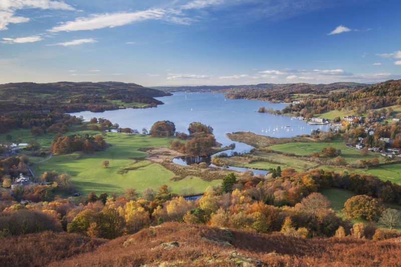 Landscape in the Lake District in England in Autumn, taken from a high spot looking down across a forest of reddish and green trees towards a large blue lake surrounded by low green hills on a sunny day with mostly clear blue sky. 