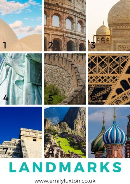 Grid of 9 images showing close ups of different landmarks around the world
