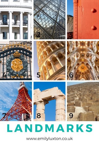 Grid of 9 images showing close up sections of different landmarks around the world