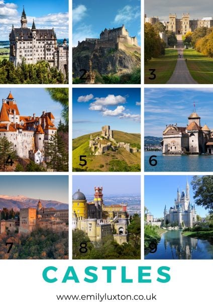 Grid of 9 images showing different castles around the world for a trivia night