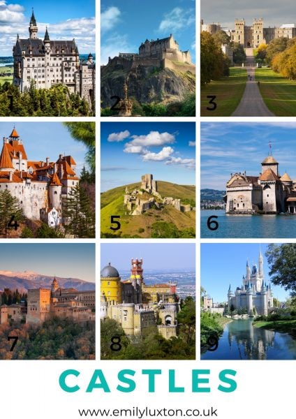 Photos of famous castles for a trivia night