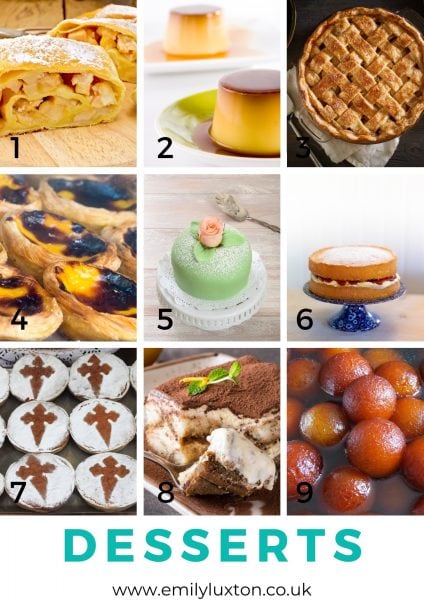 Grid of 9 images showing different cakes from around the world with the title "desserts" in cyan, for a travel quiz picture round