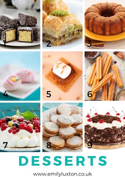 Grid of 9 images showing different cakes from around the world with the title "desserts" in cyan, for a travel quiz picture round