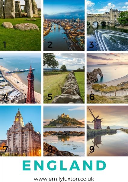 Grid of 9 images showing different landmarks in England for a picture quiz
