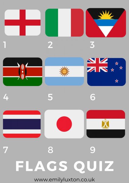 Grid with 9 different flag emojis on a grey background with the title Flags Quiz