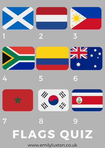 Grid with 9 different flag emojis on a grey background with the title Flags Quiz