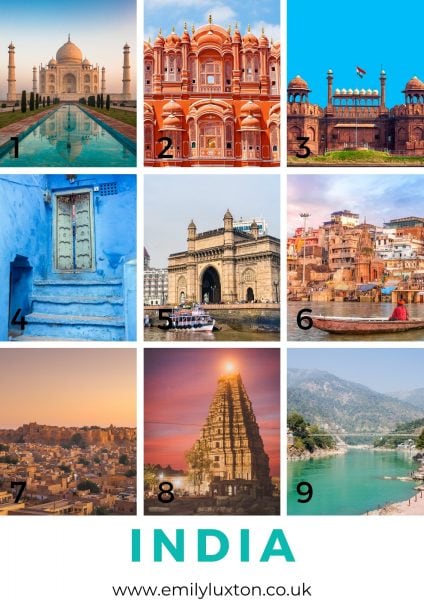 Grid of 9 images showing different landmarks in India