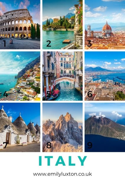 Travel Picture Quiz with a Grid of 9 images showing different landmarks in Italy
